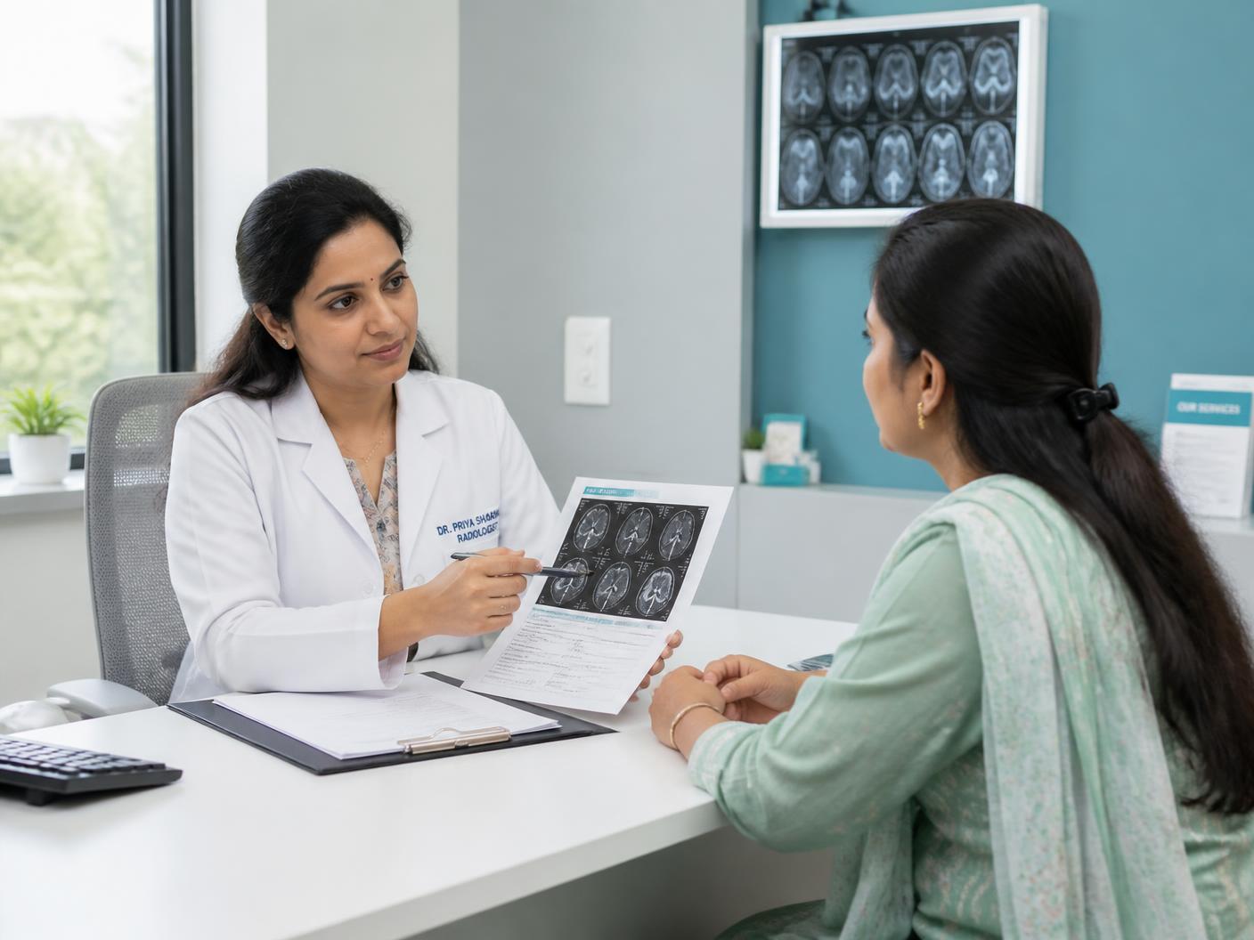 Radiologist explaining a scan report to a patient at Athipathi Scan Centre