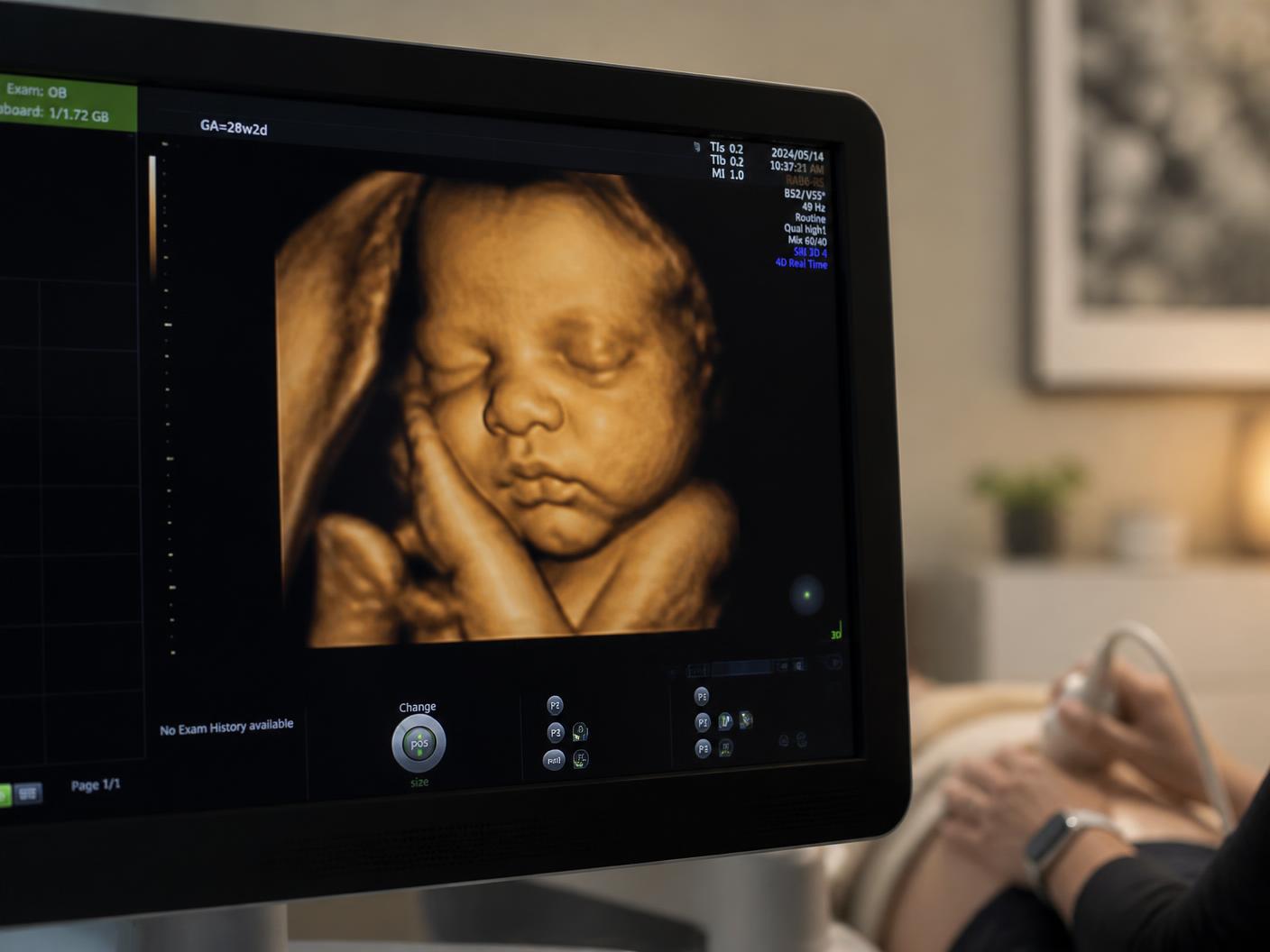 3D/4D ultrasound image of a baby displayed on a clinic monitor